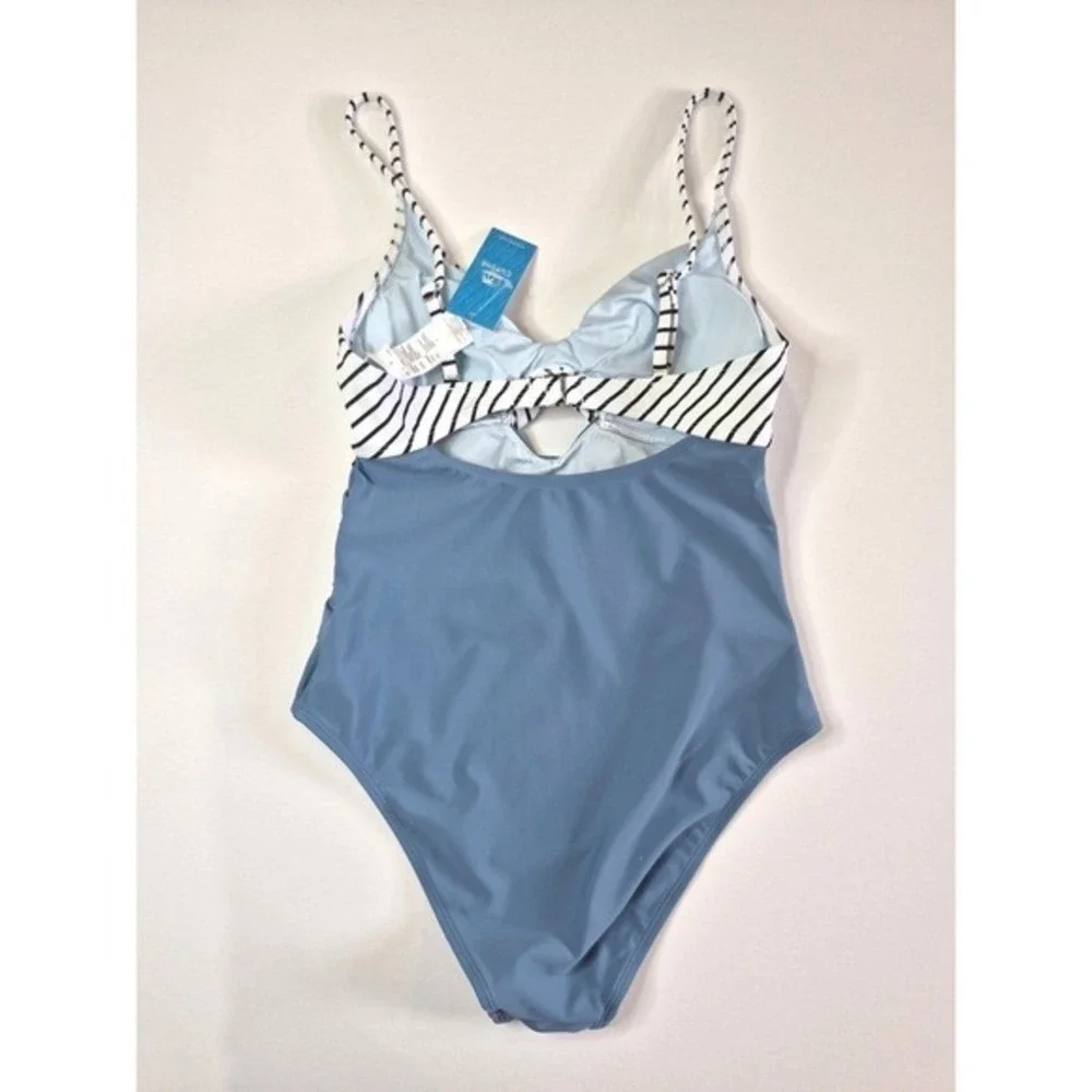 Cupshe Striped Twist Front Ruched One Piece Swimsuit Blue‎ White Small NWT